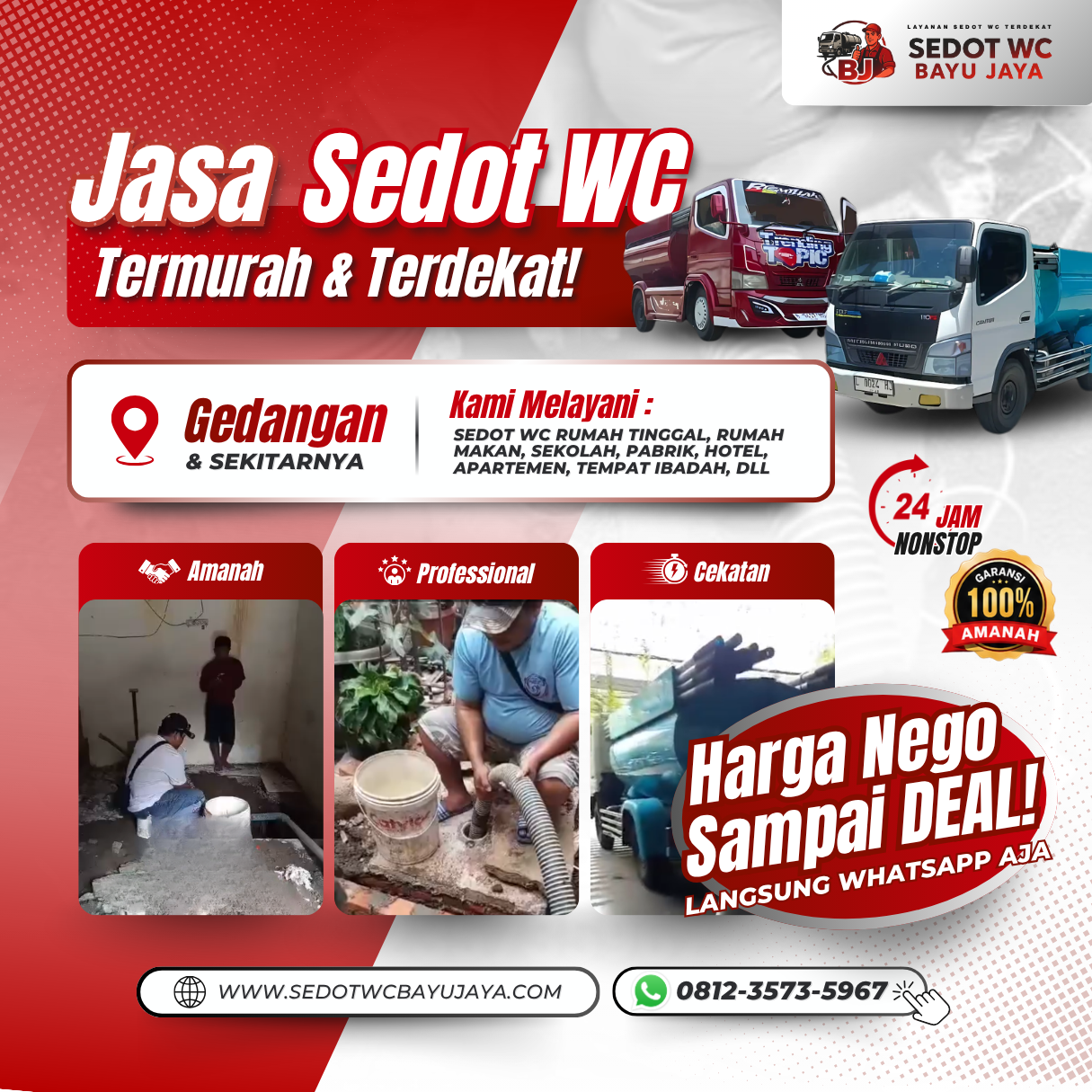 Jasa sedot WC Gedangan Sidoarjo murah & terdekat. Harga Nego sampai deal, layanan 24 jam, cepat, bersih, profesional, dan bergaransi 100%