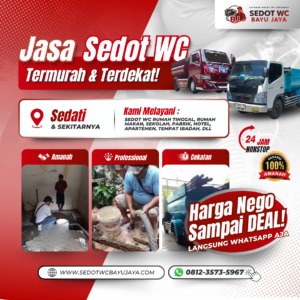 Jasa sedot WC Sedati Sidoarjo murah & terdekat. Harga NEGO SAMPAI DEAL, bergaransi 100%, layanan 24 jam, teknisi berpengalaman 15+ tahun