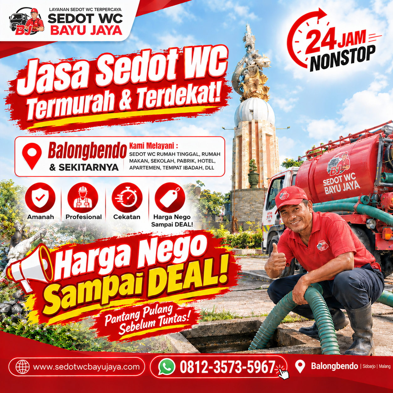 Jasa sedot WC Balongbendo Sidoarjo murah & terdekat. Harga Nego sampai DEAL, layanan 24 jam, cepat, bersih, profesional & bergaransi 100%
