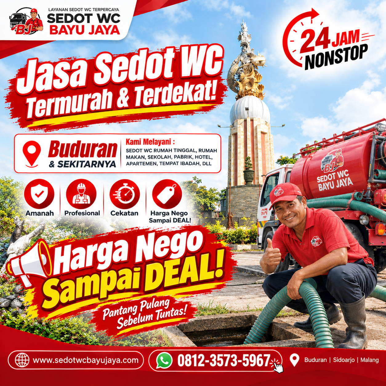 Jasa sedot WC Buduran Sidoarjo murah & terdekat. Harga NEGO sampai DEAL, layanan 24 jam, cepat, bersih, profesional, dan bergaransi 100% amanah