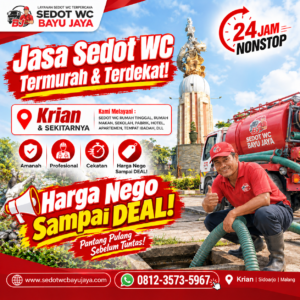 Jasa sedot WC Krian Sidoarjo ter murah & terdekat. Harga NEGO sampai DEAL, layanan 24 jam, cepat, bersih, profesional, dan bergaransi 100% amanah...