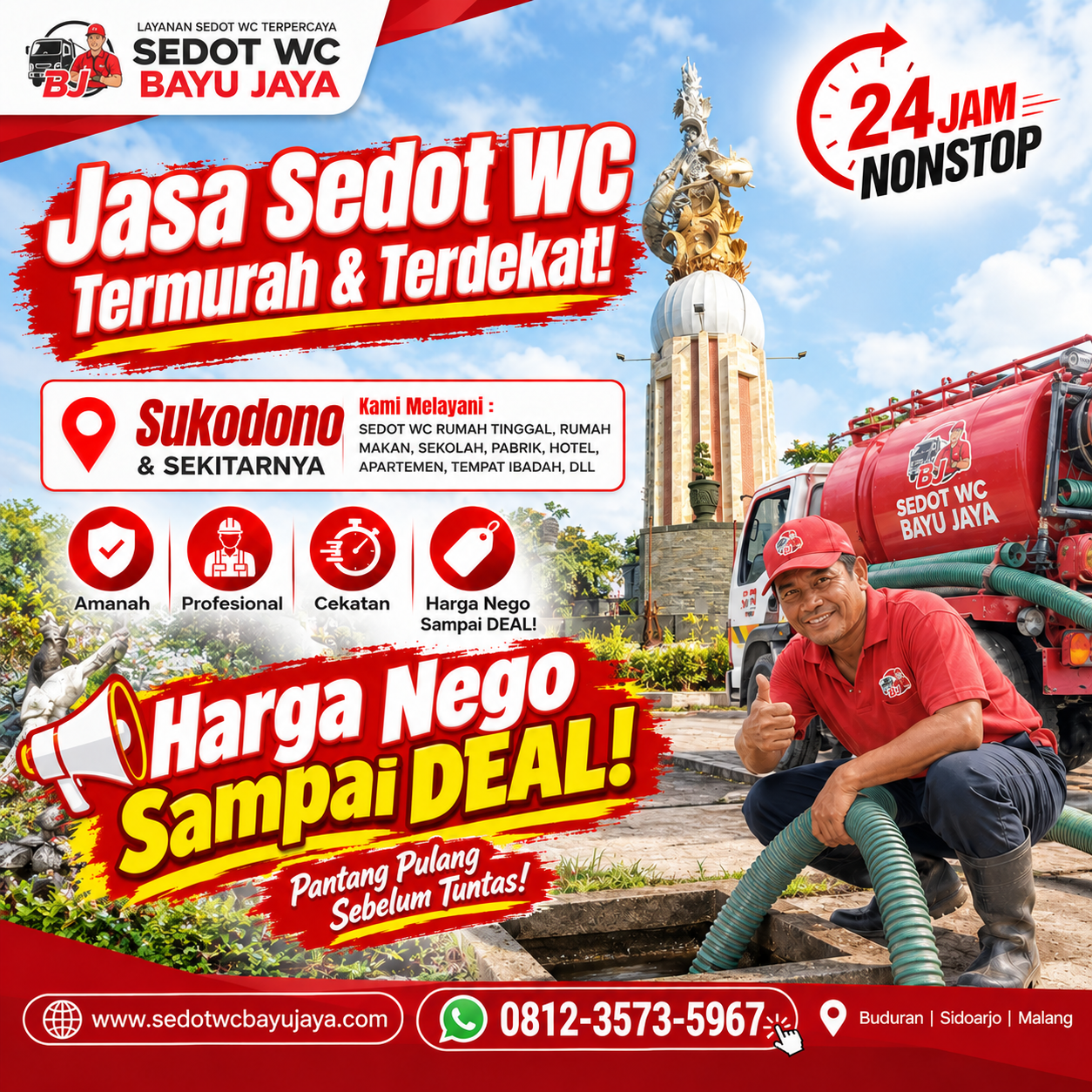 Jasa sedot WC Sukodono Sidoarjo ter murah & terdekat. Harga NEGO SAMPAI DEAL, bergaransi 100%, layanan 24 jam, teknisi berpengalaman 15+ tahun