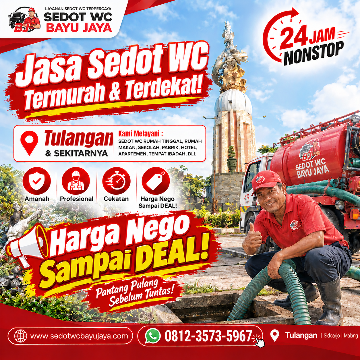 Jasa sedot WC Tulangan Sidoarjo murah & terdekat. Harga Nego sampai DEAL, layanan 24 jam, cepat, bersih, profesional, dan bergaransi 100% amanah