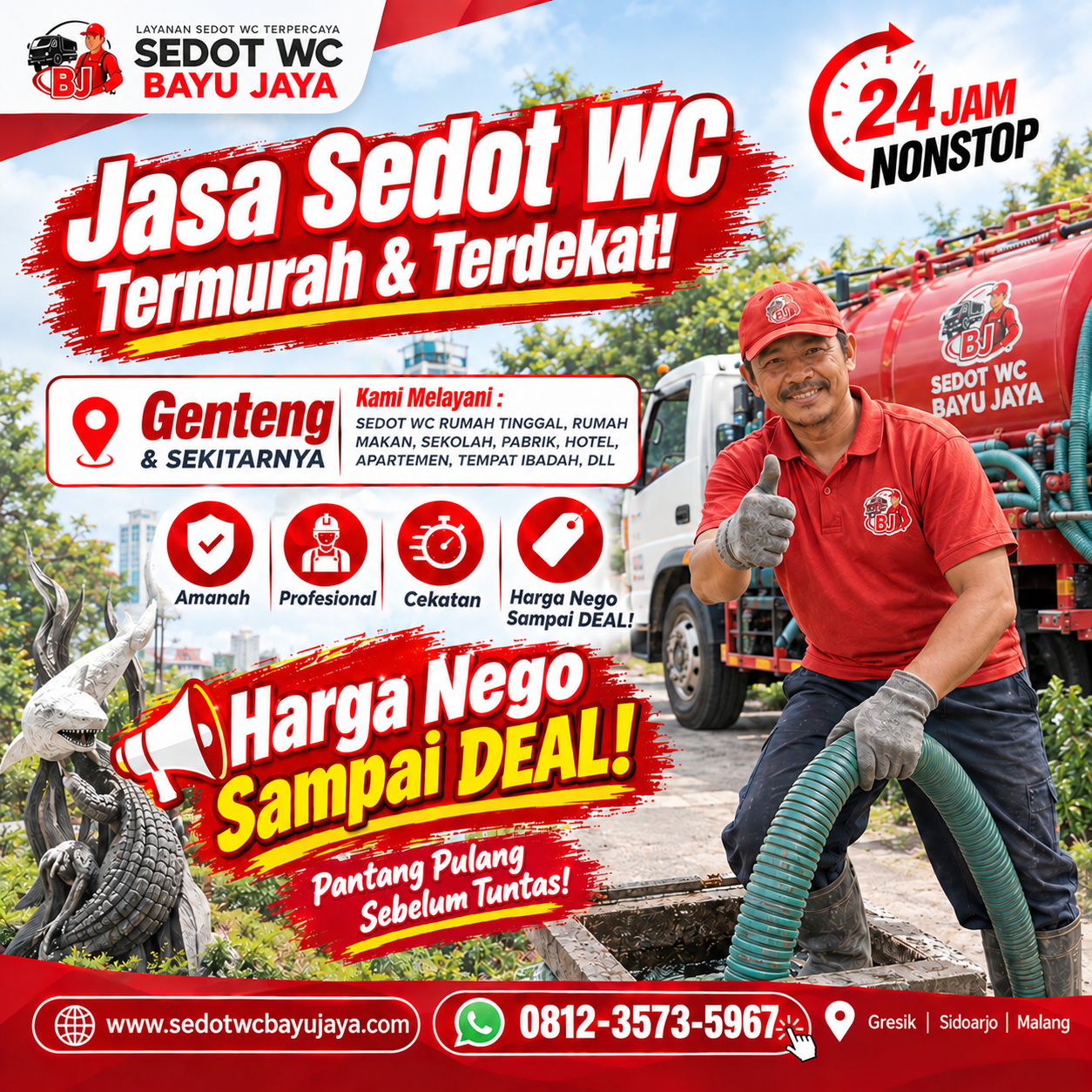 Jasa sedot WC Genteng Surabaya ter murah & terdekat. Harga NEGO SAMPAI DEAL, bergaransi 100%, layanan 24 jam, teknisi berpengalaman 15+ tahun